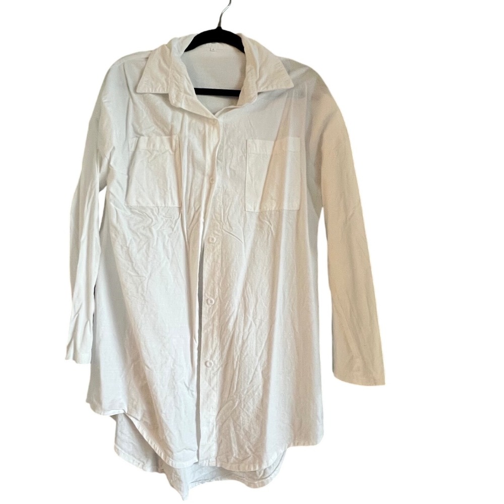 White Cotton Linen Blend Button Down Shirt Dress‎ Two Pockets Small